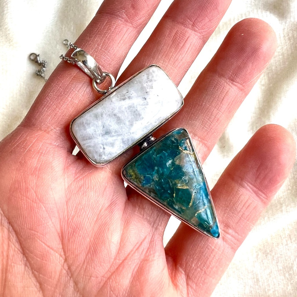925 Blue Apatite + Rainbow Moonstone Necklace Pendant